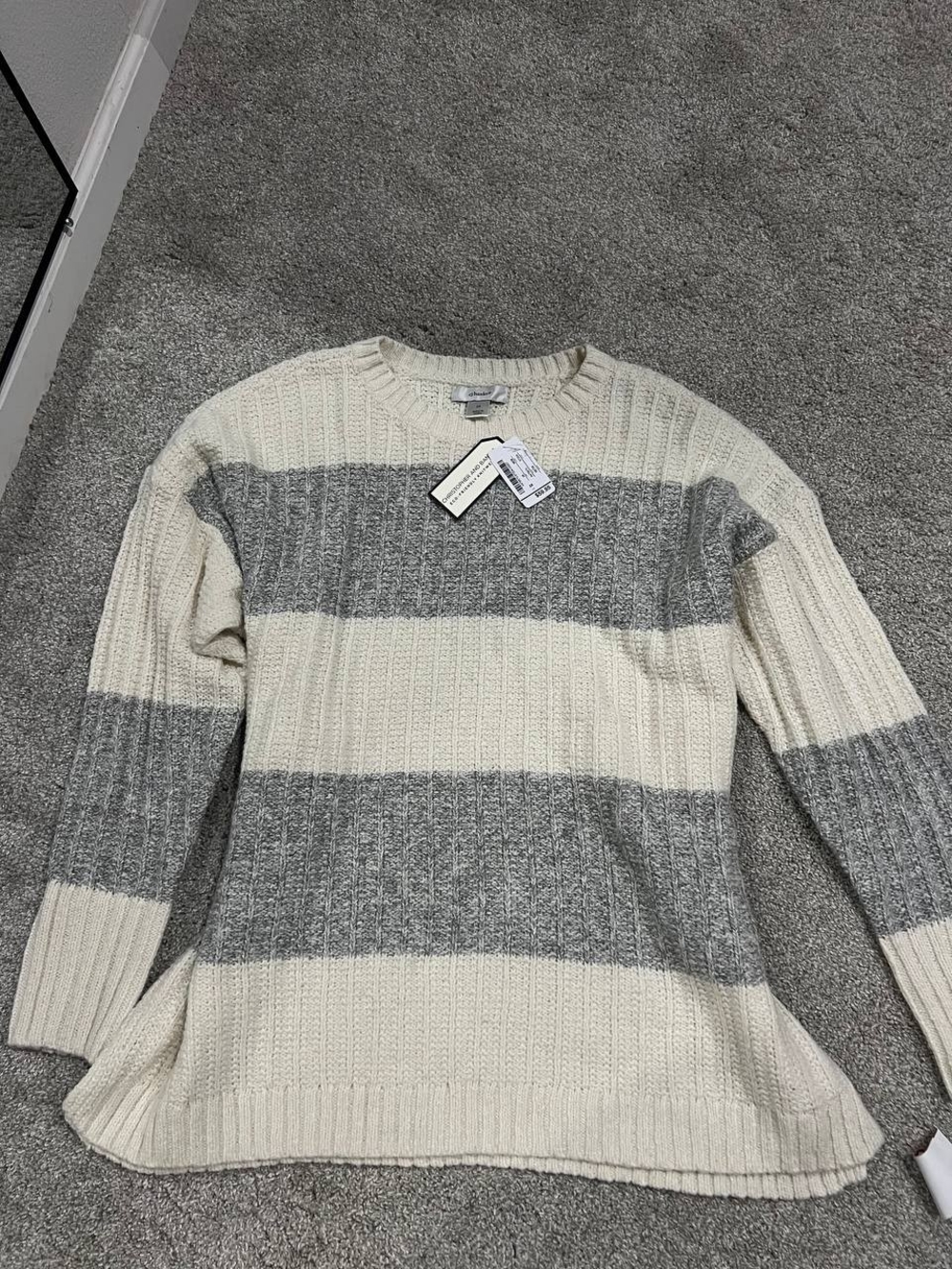 Christopher & Banks Cream and Gray Striped Ribbed Crewneck Sweater